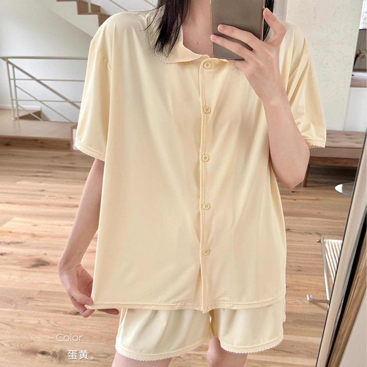 夏天流行短袖女士冰丝睡衣套装高级感翻领短裤家居服宽松薄款透气