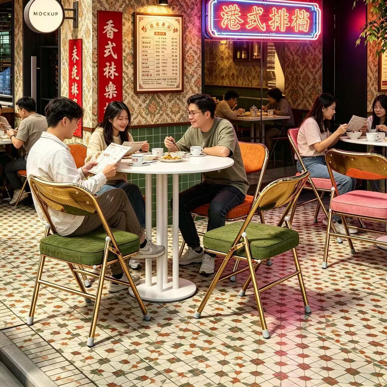 复古折叠椅子灯芯绒家用加厚金属网红拍照椅靠背餐椅摄影怀旧凳子