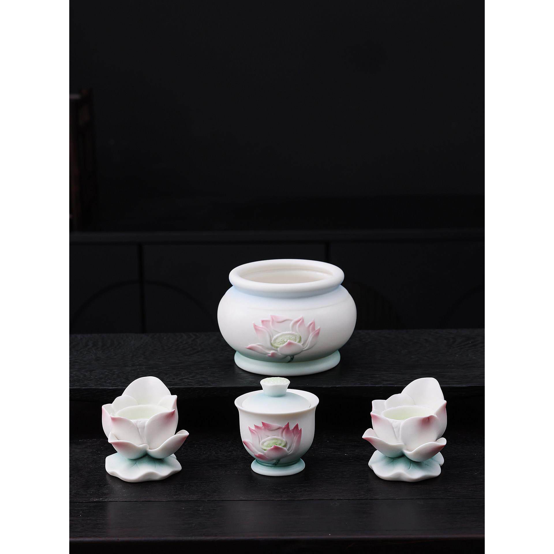 青韵瓷坊陶瓷莲花香炉佛具组合家用供奉香炉水杯莲花烛台佛具用品