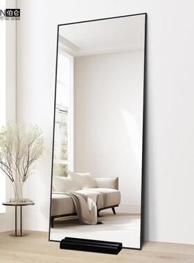 BOLEN 极简黑色带实木底座全身落地镜靠墙全身镜子家用防爆全身镜
