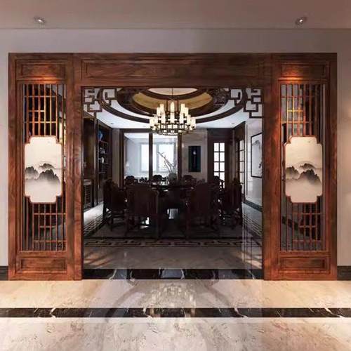 新中式实木拱门入户玄关屏风客厅月洞门隔断装饰镂空月亮门博古架