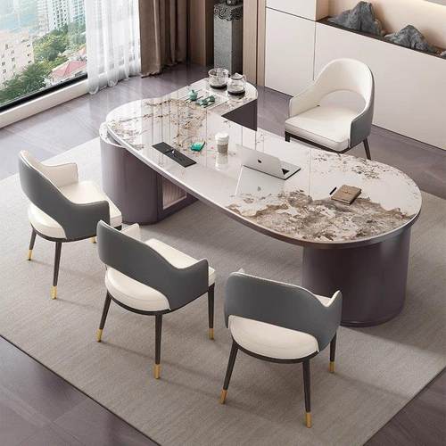 现代轻奢岩板茶桌茶台椅办公室高级感2025新款可储物可旋转餐桌