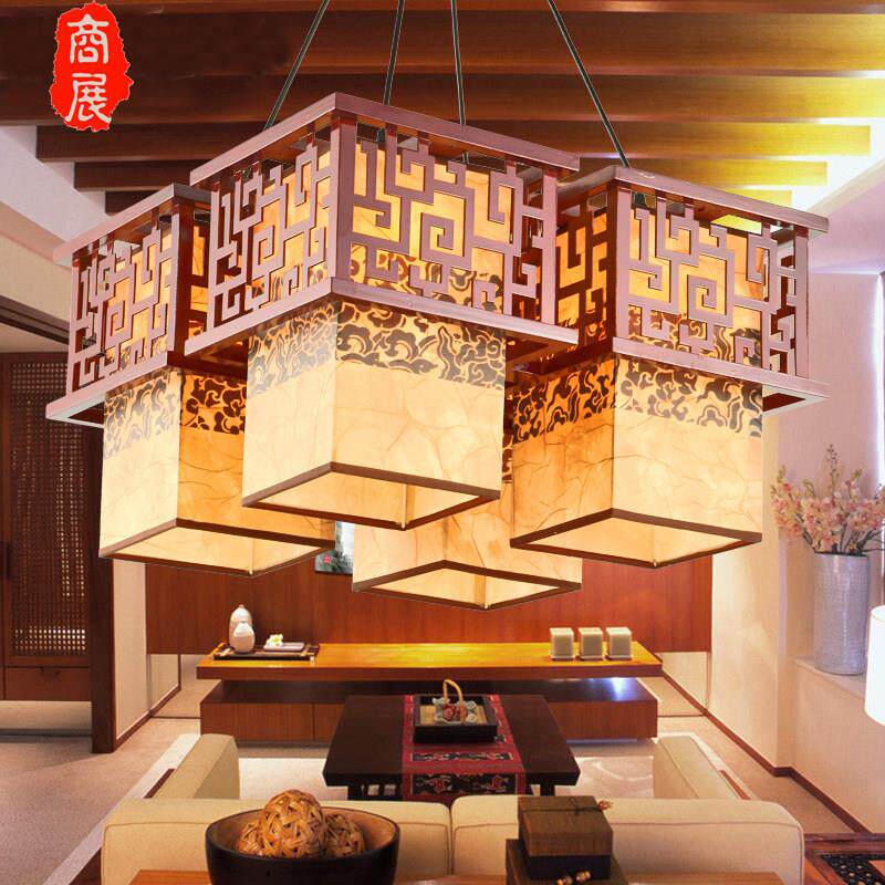 新中式实木羊皮吊灯长方形饭厅灯具饰简约现代中国风茶室古典火锅