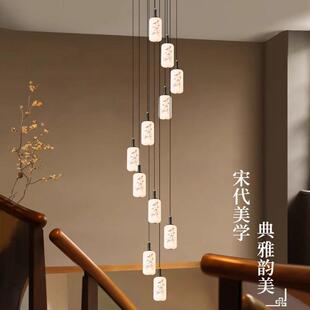 全铜宋式美学楼梯吊灯别墅覆式旋转长吊灯中国风主客厅饭厅挑高灯