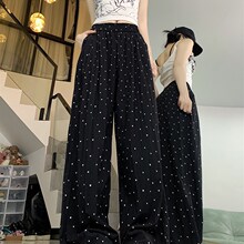黑色波点裤子f女大码胖mm夏季薄款白点长裤垂感显瘦休闲阔腿凉凉