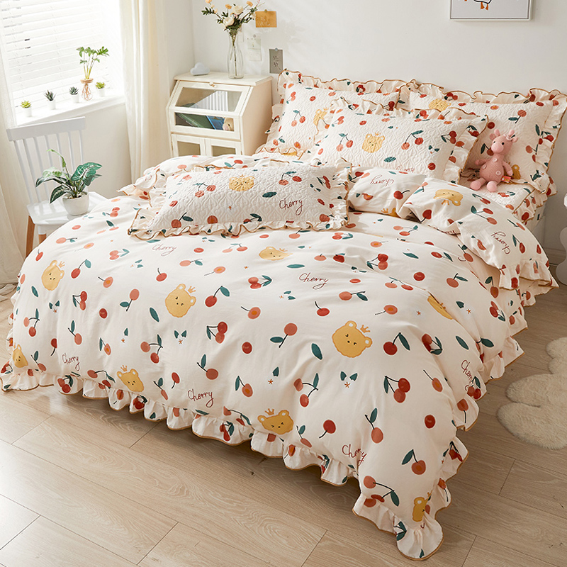 全棉夹棉床笠款四件套床上100纯棉花边被套卡通四季通用全包防滑