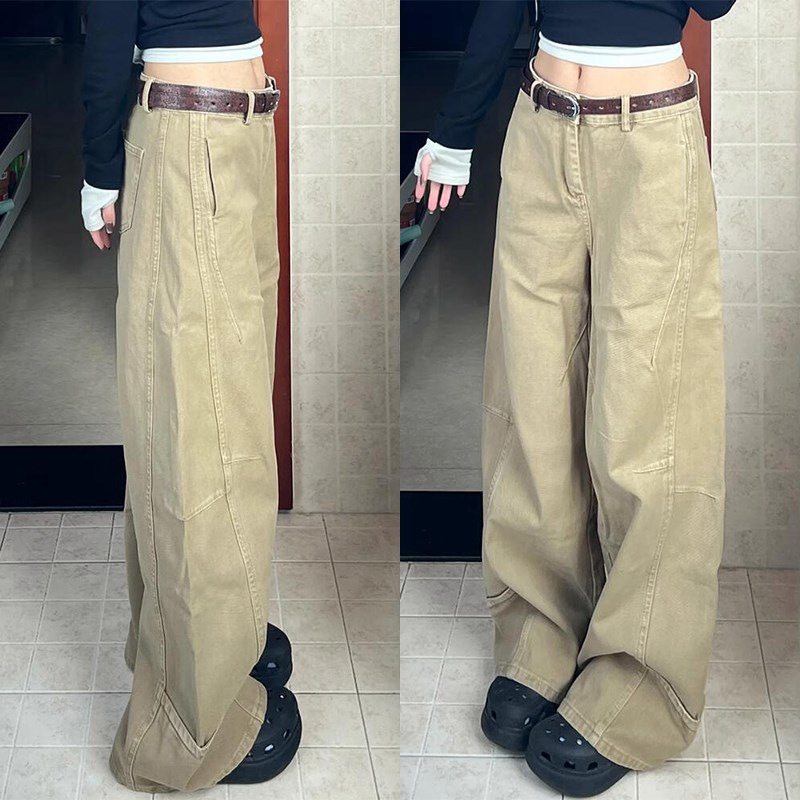 大码女装胖mm卡其色阔腿牛仔裤女美式设计感宽松显瘦工装弯刀裤子