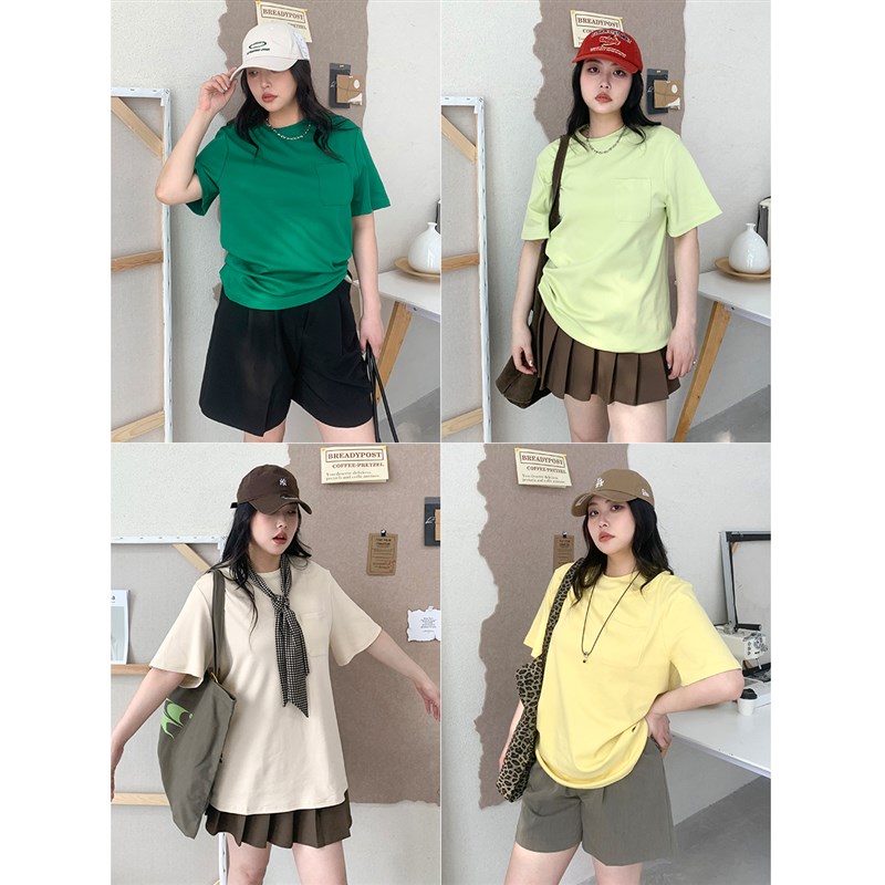 CV大码女装 基础款6色可选 休闲宽松短袖口袋纯色T恤上衣2025夏季