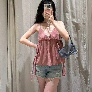 088107 2024新品 夏季 ZA女装 甜美系带褶皱饰V领细吊带荷叶边上衣V