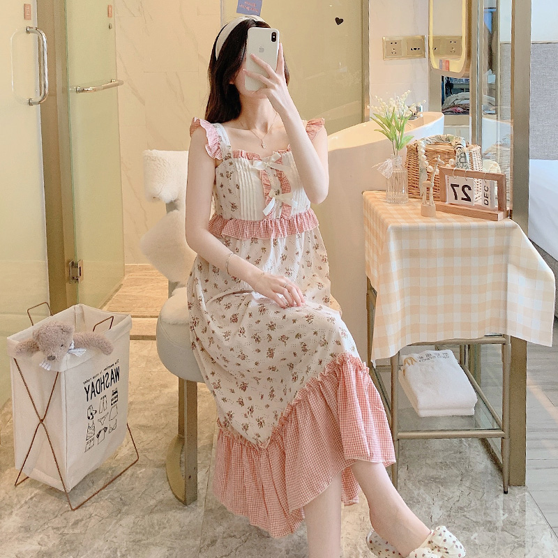吊带睡裙女夏季薄款甜美日系小碎花公主宫廷睡衣纯棉家居服带胸垫