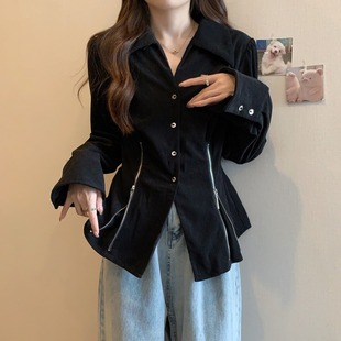 大码 宽松上衣设计感别G致拉链收腰显瘦v领黑色衬衣 女装 微胖mm春季