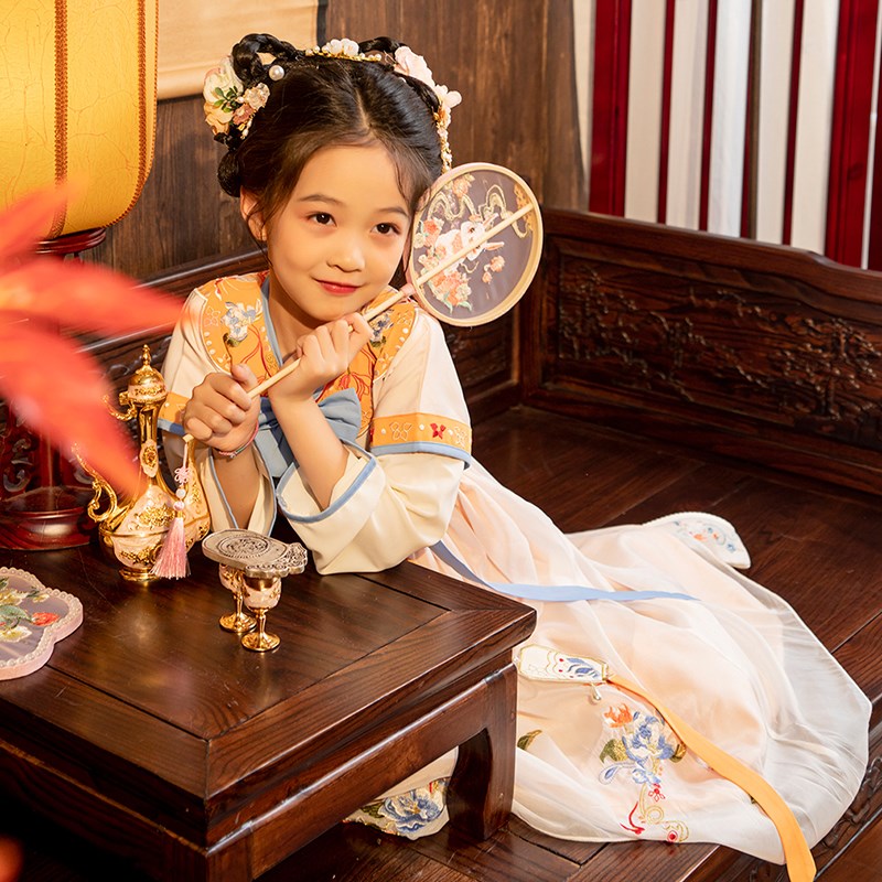 茗楠之家汉服女童春季刺绣长v袖襦裙古装小女孩古风超仙连衣裙唐
