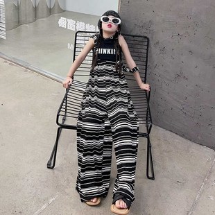 女童冰丝背带裤两件套夏装无袖t恤阔腿裤大童女孩吊X带防蚊裤套装