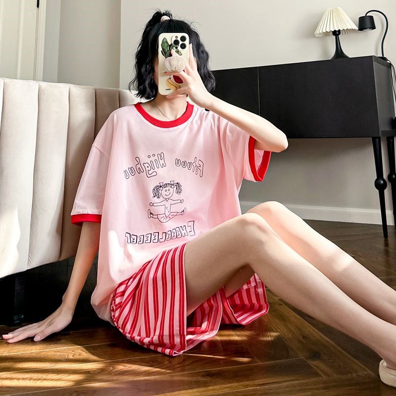 可爱女孩纯棉睡衣夏季20s24新款短袖短裤条纹休闲可外穿家居服套