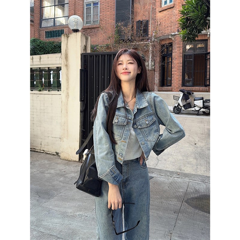 港风松弛感浅蓝色水洗牛仔套装x2025早春新款短外套阔腿裤两件套