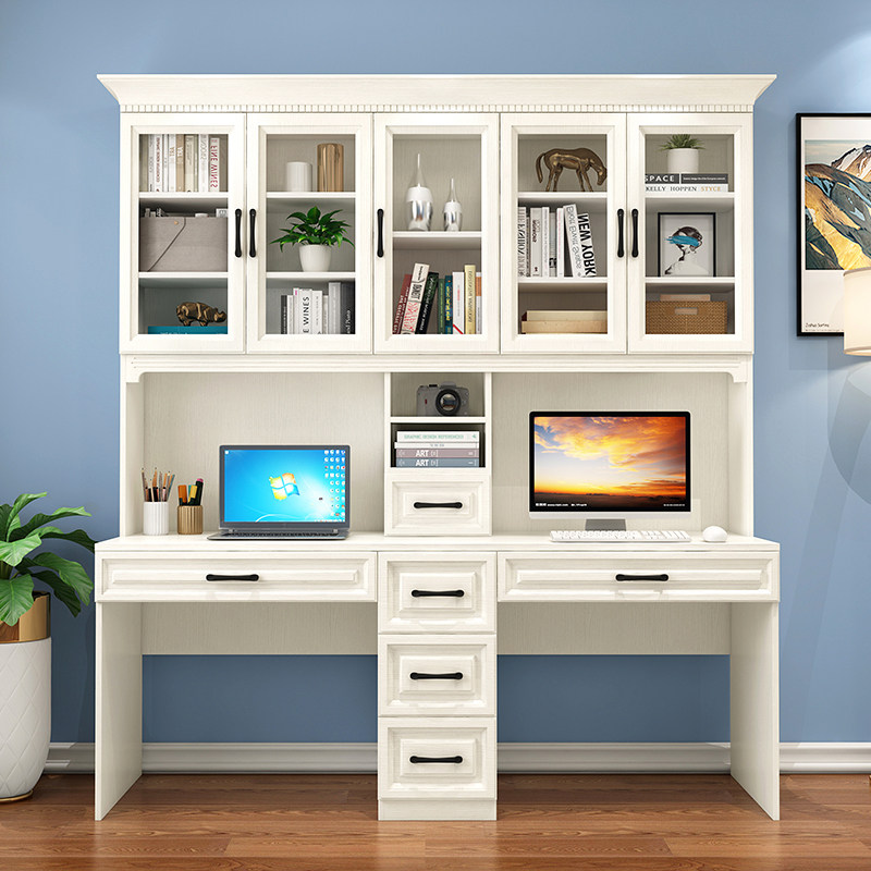 双人电脑桌书桌书柜一体书架组合家用儿童书房写字台式办公学习桌