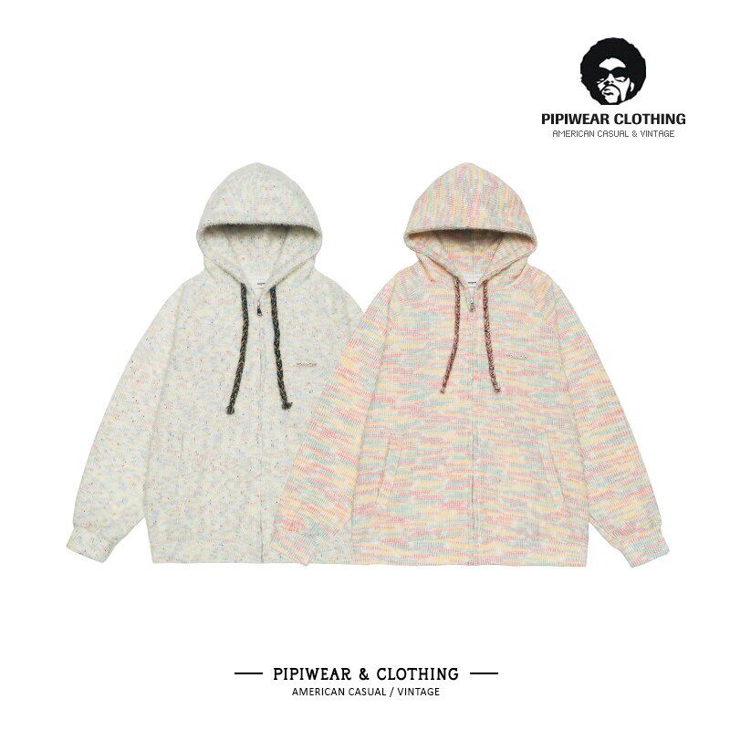 美式复古秋季新款马海毛软糯针织卫衣秋天撞色连帽情侣开衫外套潮