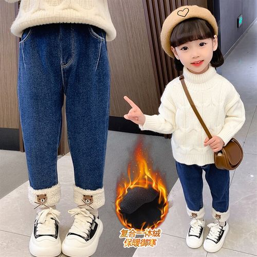 男女宝宝一体e绒牛仔裤秋冬1-5岁3女童冬装加绒裤子儿童弹力小脚