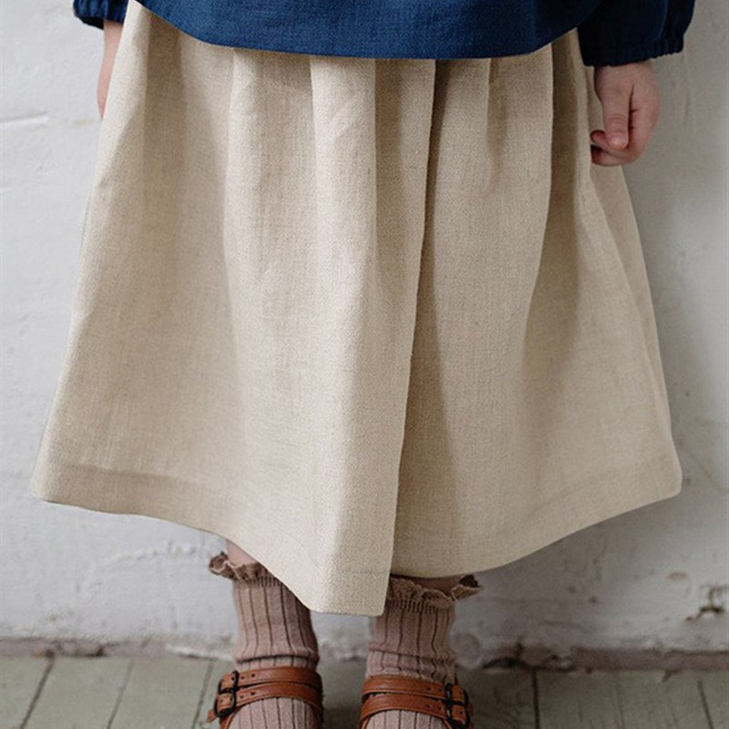 女童装森系半身裙秋季女宝t亚麻A字裙学院风直筒裙子日系棉麻中裙
