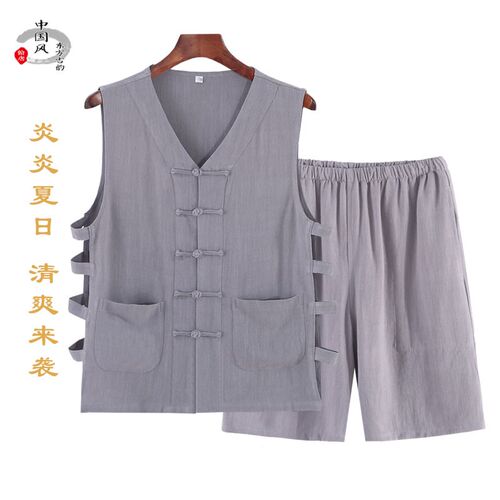 夏季亚麻中老年马甲套装唐装男青年休闲背心汉服爸爸盘扣坎肩大码