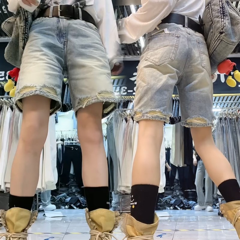 破洞蓝色阔c腿牛仔五分裤2024年夏季新款大码梨形高腰宽松显瘦热