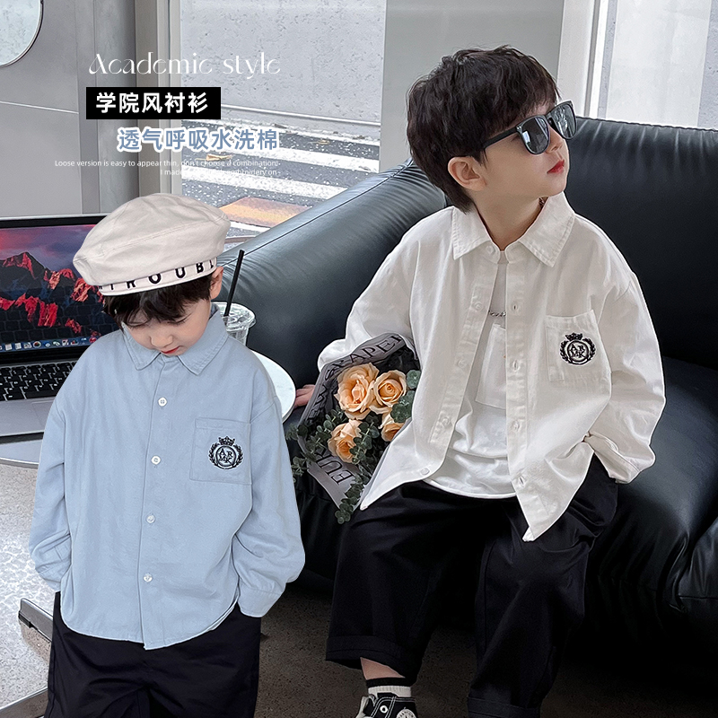 男童衬衫秋装白色衬衣男宝t学院风男孩韩版外套休闲百搭帅气白衬