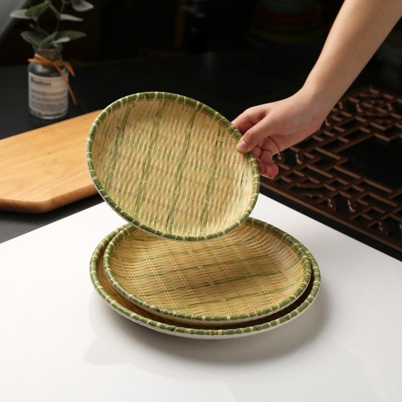 密胺仿瓷仿竹编盘创意创意大盘子烧烤火锅竹藤编商用火锅塑料菜盘,餐饮具,盘,淘宝优惠券,粉丝福利购,淘宝优惠卷