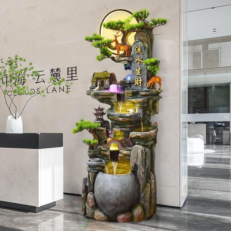 中式假山流水喷泉摆件客厅风水轮生财装饰高山循环水景落地加湿器