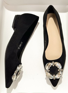 气质水钻软底尖头绒面黑色职业平底鞋女2025年新款夏浅口工作单鞋