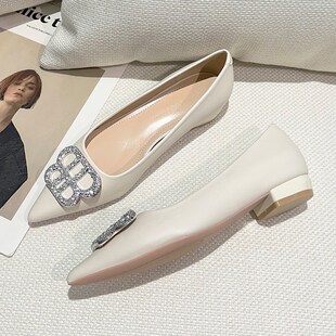 女 气质尖头浅口水钻3cm低跟高跟鞋 米白色平底鞋 女秋冬2025年新款