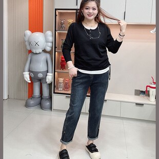 女裤 大码 高弹力松紧高腰牛仔裤 宽松显瘦哈伦裤 秋装 老爹烟管裤 新款