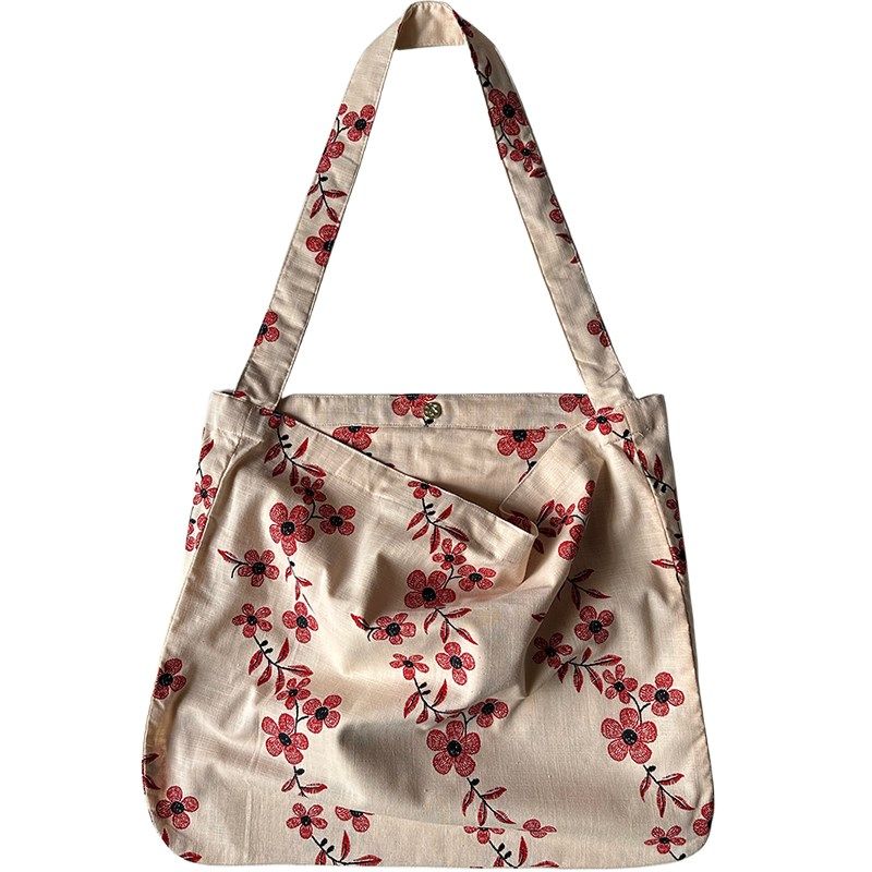 花朵帆布袋仙女文艺百搭亚麻印花单肩手提帆布包薄款单肩包斜挎包