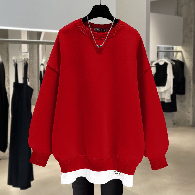 2024春秋冬季大码纯色假两件中长款加绒加厚宽松套头圆领卫衣女潮