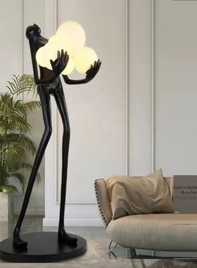 大型艺术人形抱球落地灯摆件酒店售楼处大堂客厅玻璃钢雕塑装饰品