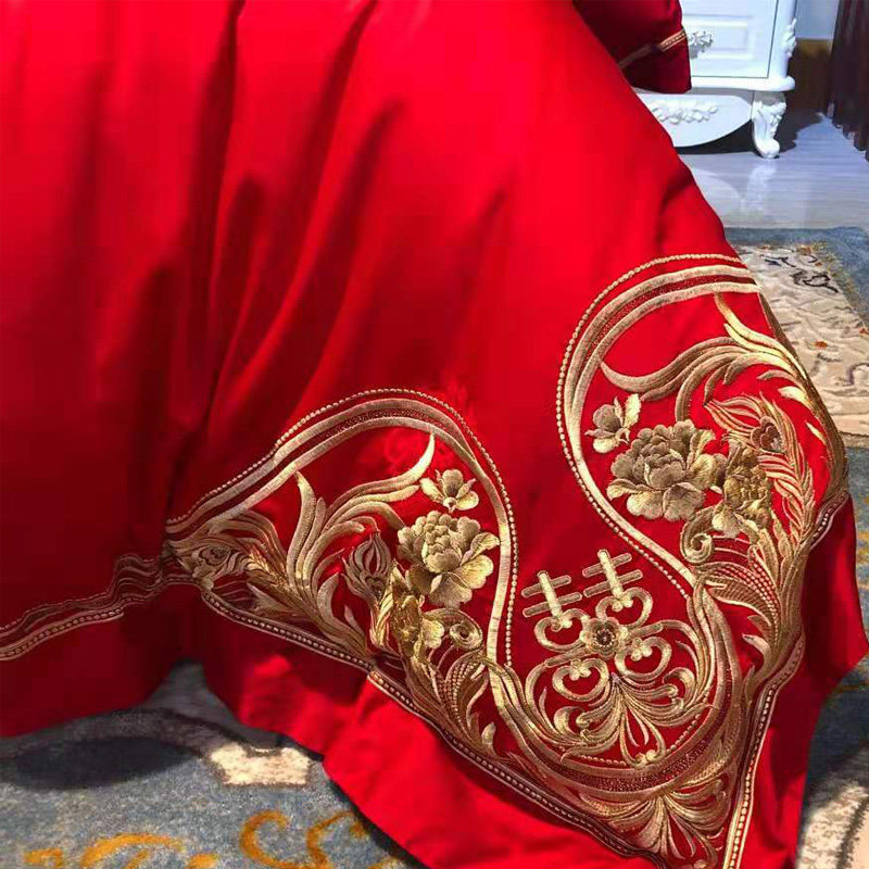 婚庆四件套大红色刺绣新婚床品结婚六八十全棉床上用品4件套