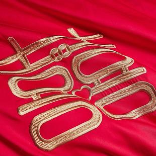 新中式 大红色全棉床单高档龙凤刺V绣结婚床上用品 婚庆纯棉四件式