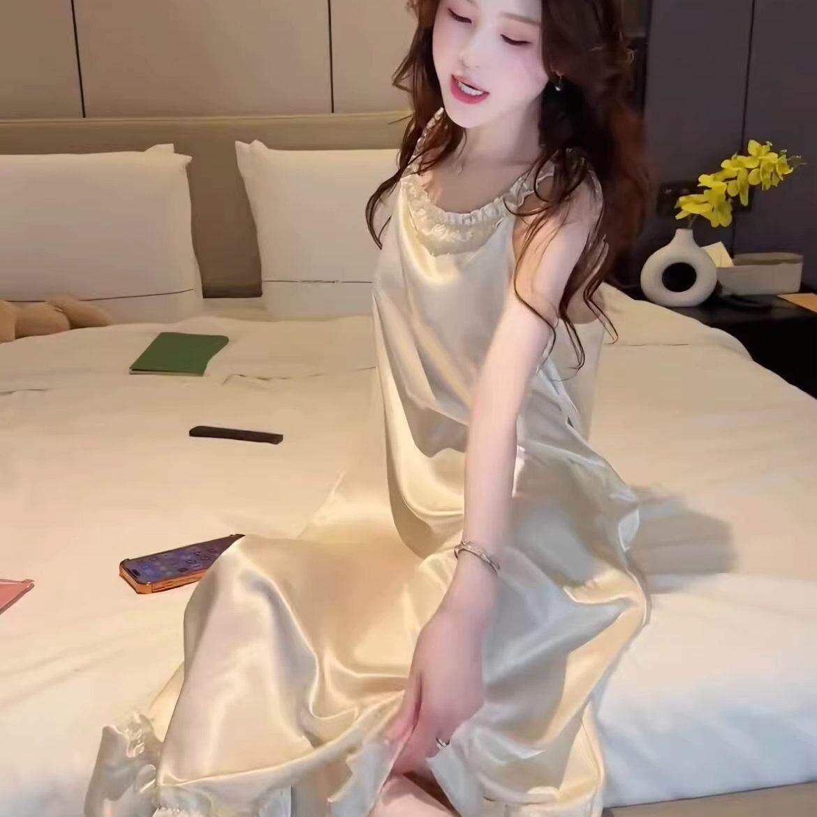 吊带带胸垫睡裙女款2026新款夏季高级感彷醋酸冰丝睡衣家居服外穿