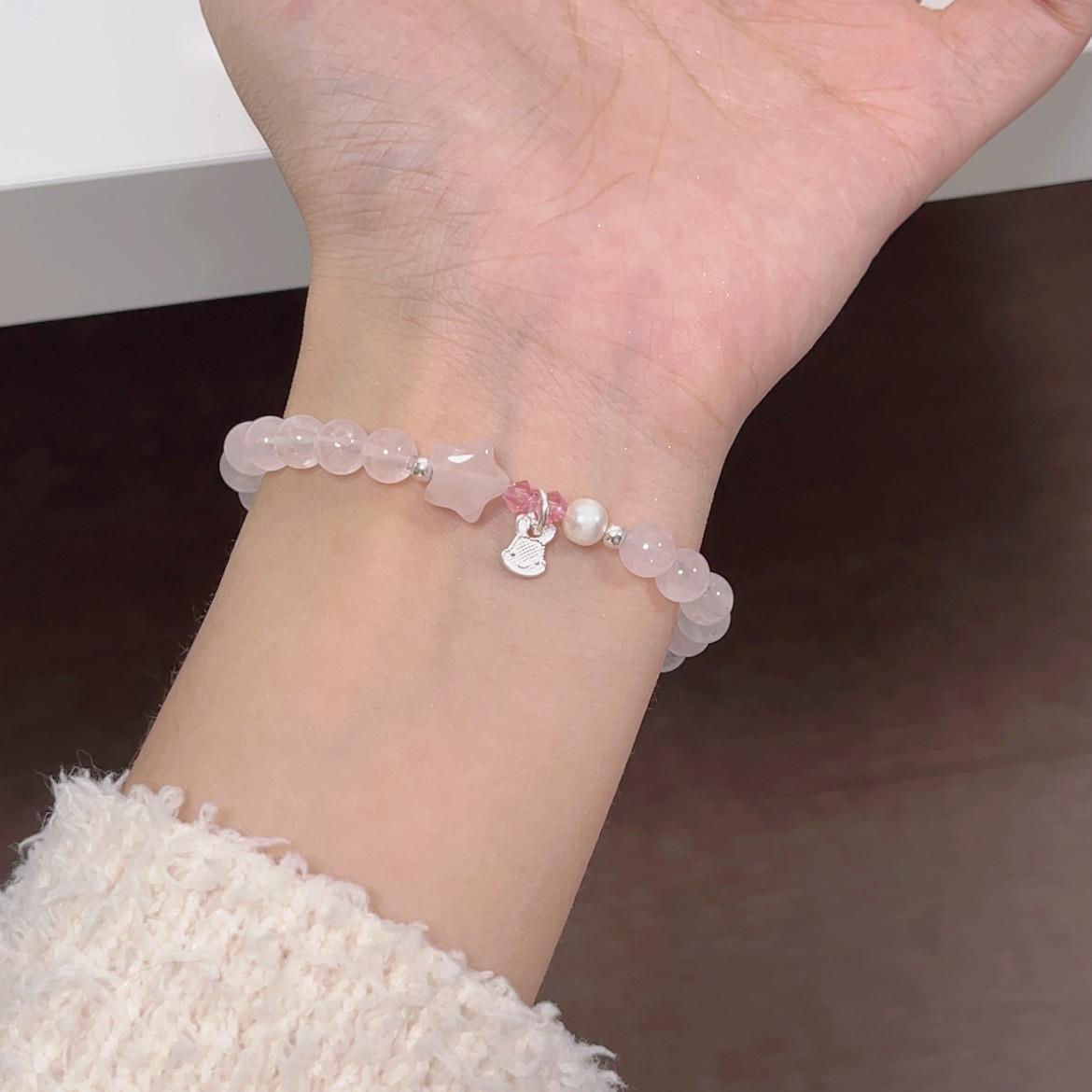 原创《粉水晶星星兔》甜美可爱水晶S925银吊坠手链可定制尺寸