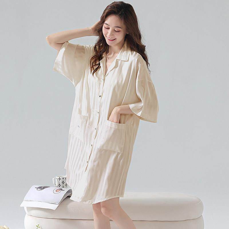 冰丝女睡裙 带胸垫 夏小个子女士夏季丝绸衬衫家居服防凸点睡衣