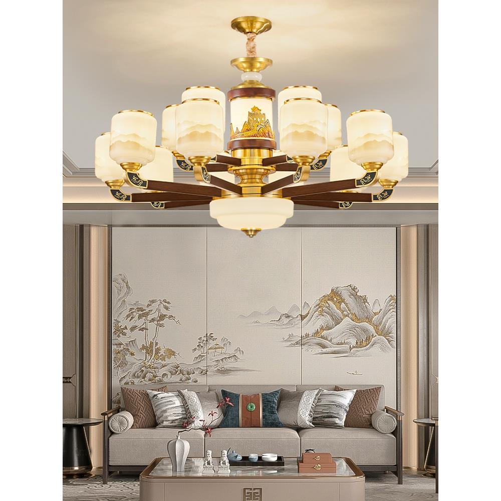 新中式吊灯客厅主灯全铜实木别墅复式楼大厅餐厅灯高端2025年新款