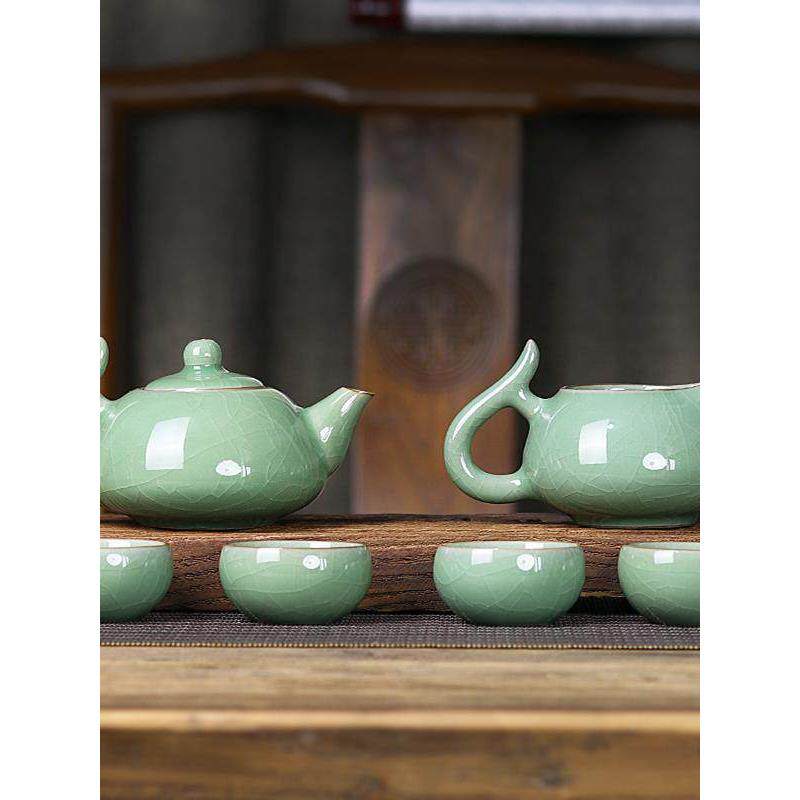 龙泉青瓷葛窑开片冰裂茶杯茶具，烧开壶中国覆古陶瓷功夫茶具