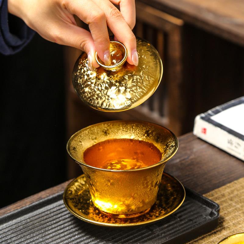 天目釉窑变陶瓷鎏金轻奢三才盖碗茶杯高端七彩建盏功夫茶具泡茶碗