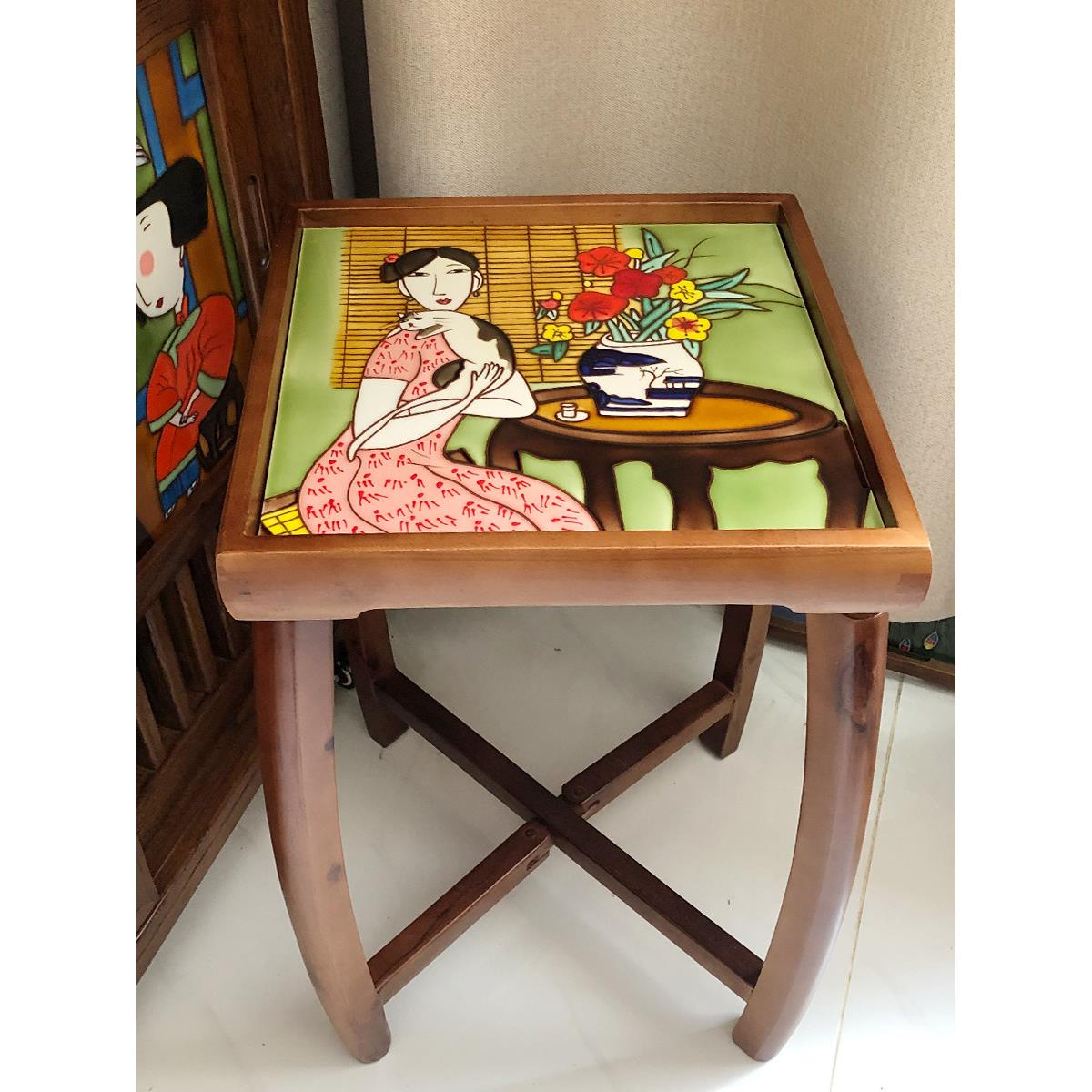 榆木家具实木镶嵌瓷板画沙发边几角几可折叠立休浮雕小茶几方桌