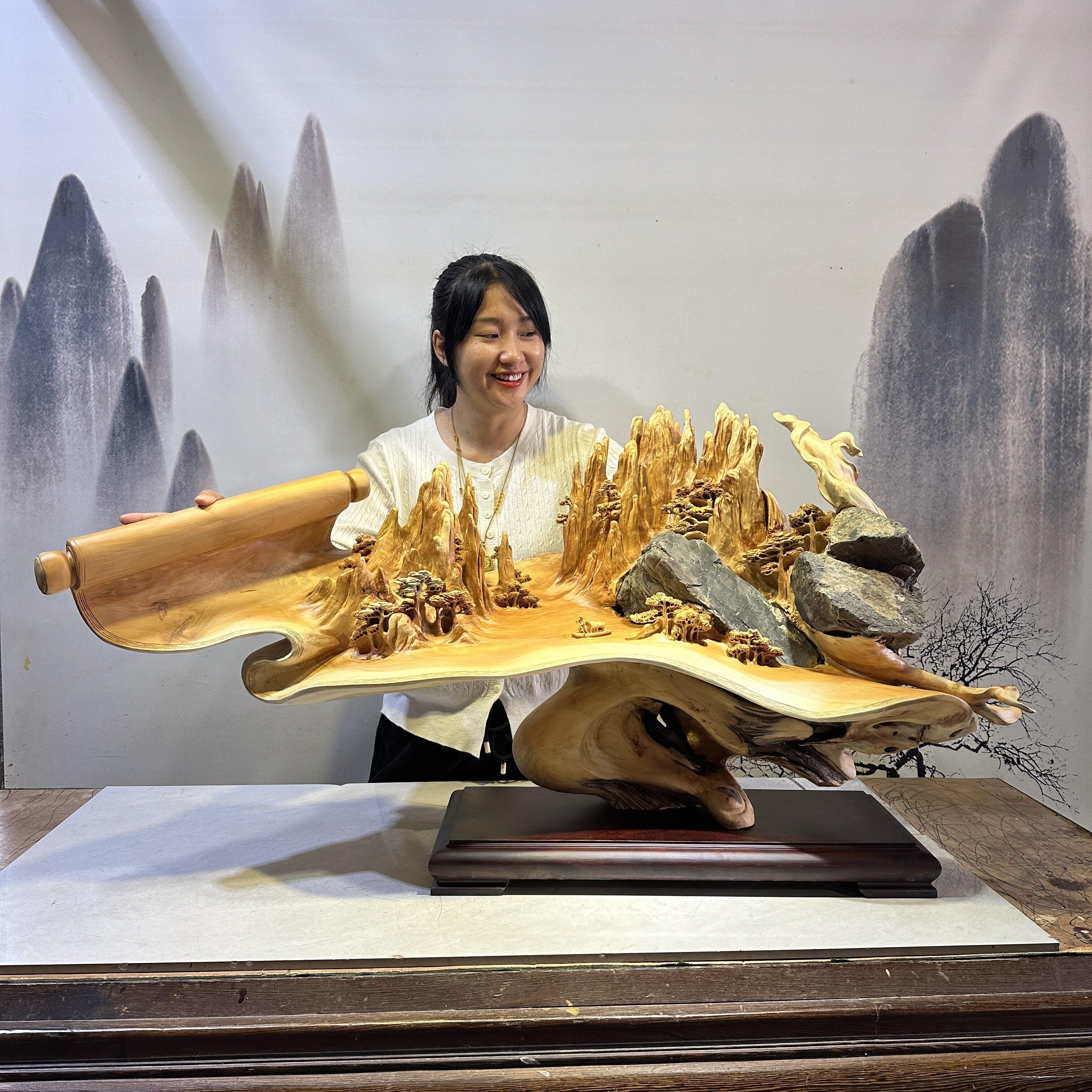 太行崖柏根雕山里人家山水花鸟兰花江山如画根抱石木雕摆件工艺品