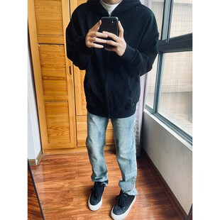 黑色双拉炼开襟羊毛衫男子春秋清洁无绳夹克利基设计右肩卫衣