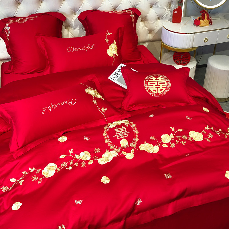 结婚牀上四件套全棉刺绣大红色牀单被罩新婚庆陪R嫁喜被套纯棉牀