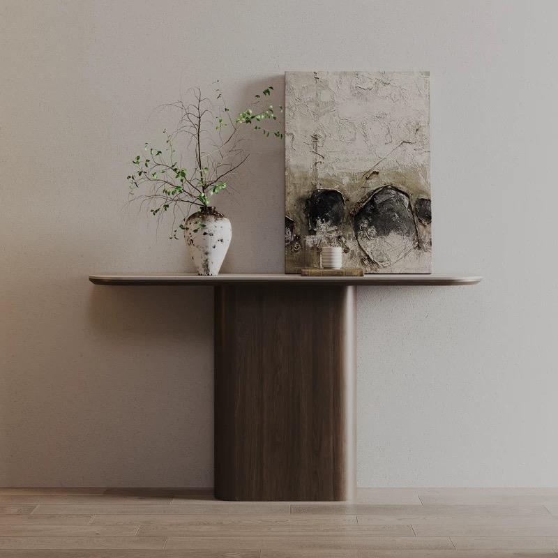 中古风实木洞石岩板玄关桌入户走廊靠墙超窄长条桌玄关案台侘寂风