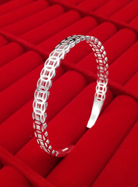 纯银999金钱手镯招财女生开口气质秀气情侣银手环送朋友节日礼物