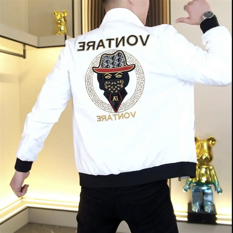 欧货男士新款春秋重工艺刺绣时尚立领夹克拉链潮牌修身外套夹克男