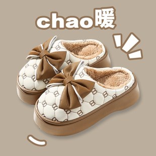 室内家居家用保暖防滑厚底pu皮拖 时尚 外穿棉拖鞋 女202p3新款 冬季